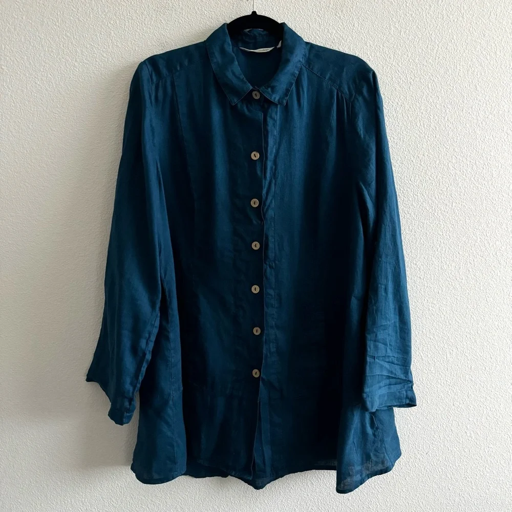 Soft Surroundings Island Breeze Shirt Deep Sea Blue Linen Button Down - Picture 2 of 10